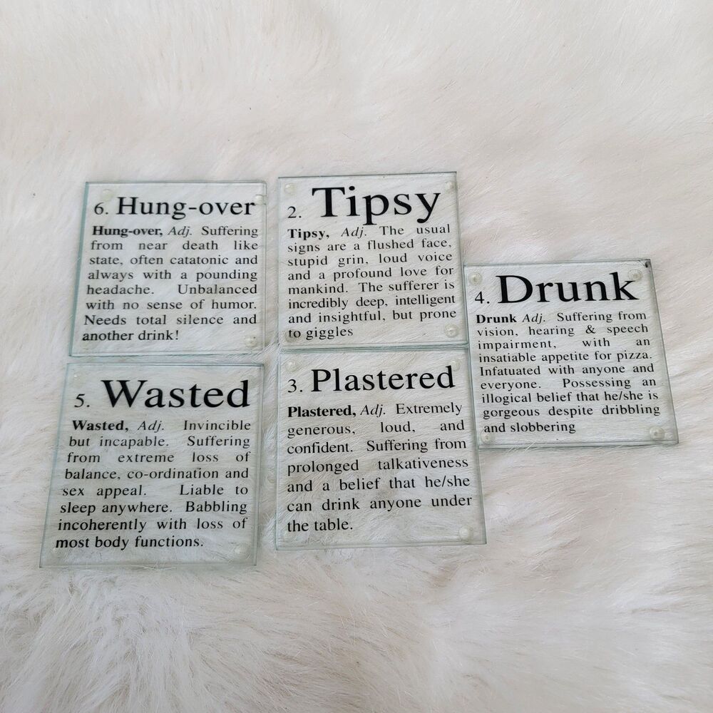 Set Of 5  Glass Novelty Coasters  4x 4 Funny Word Coasters